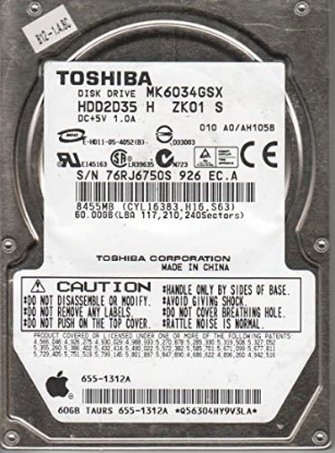 Picture of MK6034GSX, A0/AH105B, HDD2D35 H ZK01 S, Toshiba 60GB SATA 2.5 Hard Drive